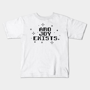 Aro Joy Exists - Aromantic Pride Pixel Art (dark text v2) Kids T-Shirt